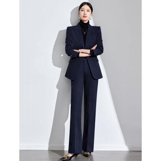 诗璐雅（SHILUYA）高端毛呢外套气质收腰案场客服女工作服外套西装套装两件套冬季厚 藏青色西装+阔腿微喇裤 L