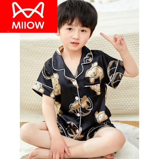 猫人（MiiOW）儿童冰感男童薄夏季短袖男孩真丝睡衣女绸夏天宝宝空调家居服套 X印花短丝677 小新 M 8码身高100 110c
