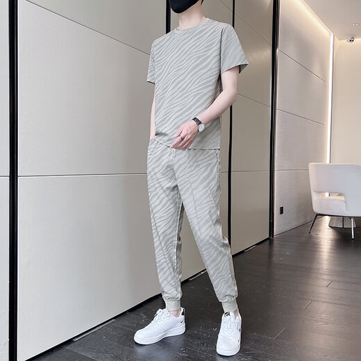 NASA RHUDE夏季冰丝短袖T恤运动套装男潮牌男装套装潮流休闲男夏天衣服夏装 719卡其(短袖+长裤) M (90-115斤)