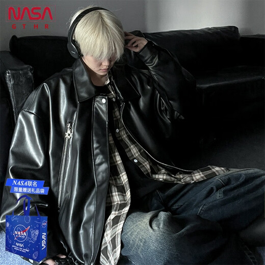 Customized NASA High Street American Leather Clothespin Men's Spring High-end Handsome Jacket Motorcycle Men's Retro Cycling Jersey Black L