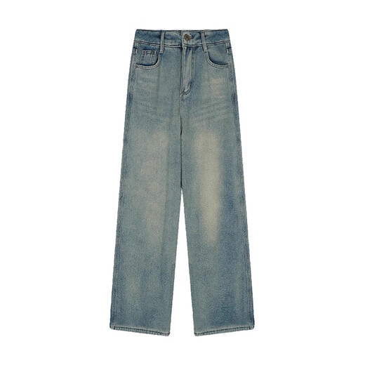 Jeans delgados retro de algodón americano en terciopelo recto para mujeres en otoño e invierno Pantalones casuales de patas rectas con cintura recta para mujeres 683-1 Azul retro [alta calidad más terciopelo 36.5] L 105-120Jin [Jin equivale a 0.5 kg]