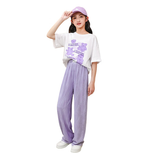 Nickybaby Girls Summer Set à manches courtes 2025 Nouveaux vêtements pour enfants à la mode moyens grands enfants pour enfants en deux pièces Vêtements d'été décontractés 15009 violet + 9922 blanc [set] 140