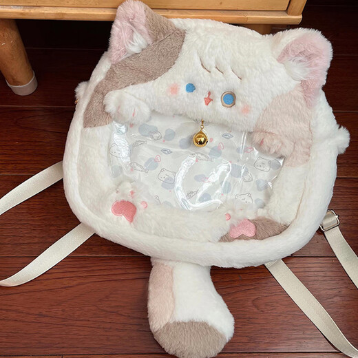 QUEEN TRIP cute plush kitten pain bag backpack Japanese jk sweet girl two-dimensional transparent small food grain bag white kitten backpack