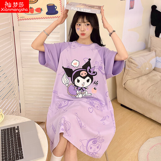 Xianmengsha's new summer pure cotton mid-length nightgown for women's short-sleeved round neck sweet cute cartoon pajamas girl's home clothes 723-Yugui Dog M