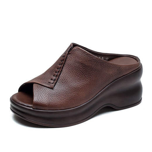 Family Lady (Qinqingfuren) Cuero genuino de cuero grueso Sandalias de boca de pescado de tacón grueso para mujeres Toe Toehide retro sandalias de madre abiertas hechas a mano verano Nuevo estilo marrón 35