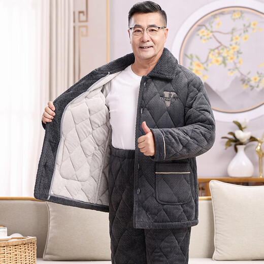 Suiyue Winter-Pyjamas für die dicke Korallenlasse mittleren Alters und ältere Männer, die dreischichtige Baumwollmilch-Samtvaters warmes Heimbekleidungssatz N9926f Blaumilch Velvet Upgraded Dicked XL Code (120-140jin [Jin gleich 0,5 kg]))