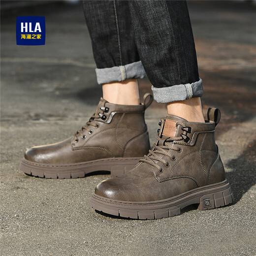 HaiLan Home HLA men's shoes Spring 2025 new Martin boots men's height-enhancing men's Martin boots high-top boots men's non-slip work leather boots brown 39