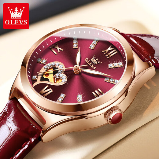 Olevs Swiss Certified Brand Watch Woard Woard Watch Mechanical Watch Fashion Fashion Hollow Imperproofing Gift For Girlfriend 6636 Vins Red [Boîte-cadeau]
