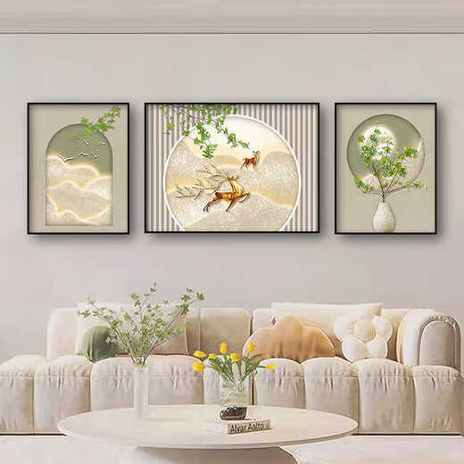 
Sense painting cream style living room decoration painting modern simple sofa background wall hanging painting Fulu triplet 2025 new mural JD13588 left and right 40*60 middle 80*60 crystal porcelain diamond-inlaid aluminum alloy gold frame