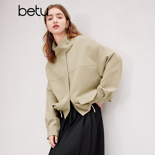 Betu Women's Spring New Style Windbreaker Temperament Stand Collar Short Drop Shoulder Sleeve Windbreaker Jacket Women 2401T47 Khaki L