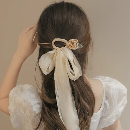 Yinyu Super Fairy Mesh Streamer Flower Hairpin Ancient Style Hairpin Temperament Bow Headdress High-end Headband Hair Accessory Beige