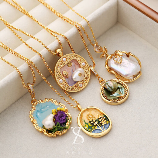 Liangxue 2025 new Chinese style high-end Monet garden oil painting style pendant necklace light luxury simple women's pearl clavicle chain N6018