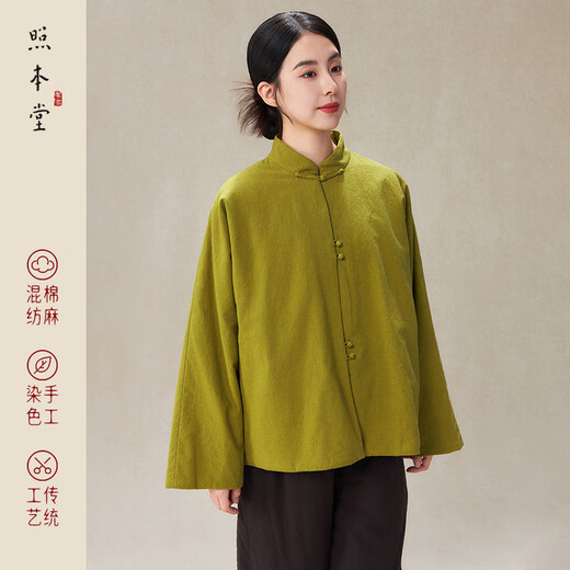 照本堂冬季新款棉衣棉服女国风新中式棉麻保暖上衣W12588 绿衣 S (160/84A)
