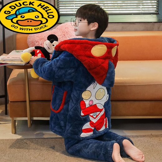 G.DUCKKIDS小黄鸭皮卡丘儿童睡衣男童冬季珊瑚绒加厚中大童三层夹棉法兰绒家 【三层夹棉】LDR9922皮卡丘 14码【高125-135CM重45-50斤】(1