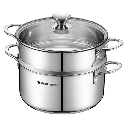 SUPOR thickened 304 stainless steel steamer, two-layer, universal for gas stoves and induction cookers, double-layer soup pot for steamed buns and buns, dual-purpose steamer for cooking, 24cm