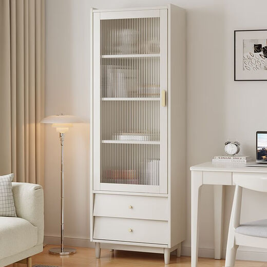 布欧格北欧书柜实木带玻璃门书橱简约现代储物柜客厅展示柜落地书架 长55CM宽35CM高166CM象牙白四层  