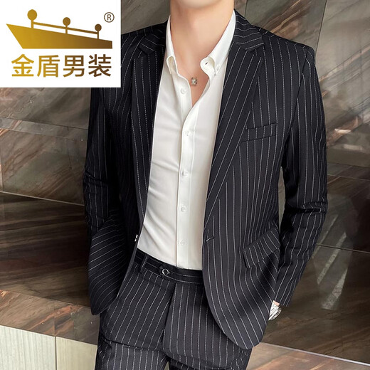 金盾（JINDUN）西装男套装春秋休闲条纹西服修身韩版商务正装新郎结婚礼服高品质 条纹藏青:西服+西裤+马甲+送衬衫 L:110-117斤
