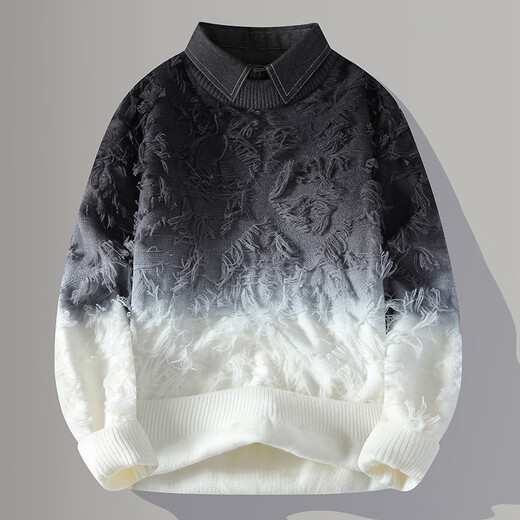 Two-piece men's gradient shirt collar sweater men's destructive tassel sweater men's thermal inner wear 9738 grey [round neck] M about 90-110 Jin [Jin equals 0.5 kg] can be worn