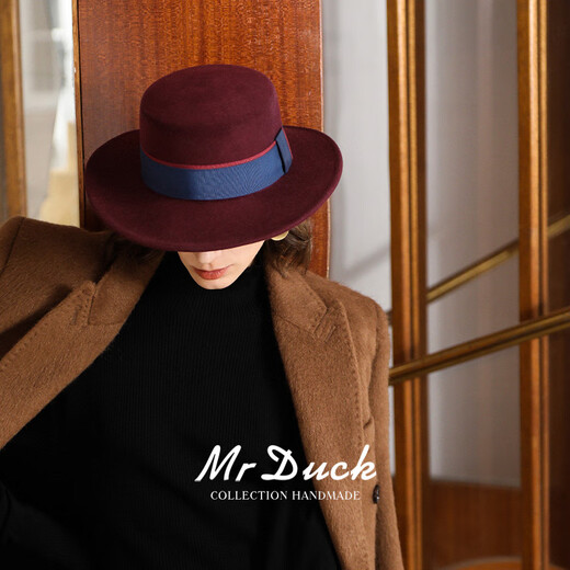 Mr DUCK Australian wool flat top hat for women New Year atmosphere festive hat Qiji red French style handmade felt hat MW462145-enamel wine red (double patchwork ribbon) L (57-58cm)