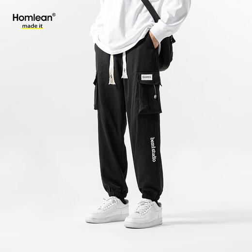 Homlean美式高街休闲裤男秋季伞兵束脚百搭工装裤小众机能风9913黑色4XL