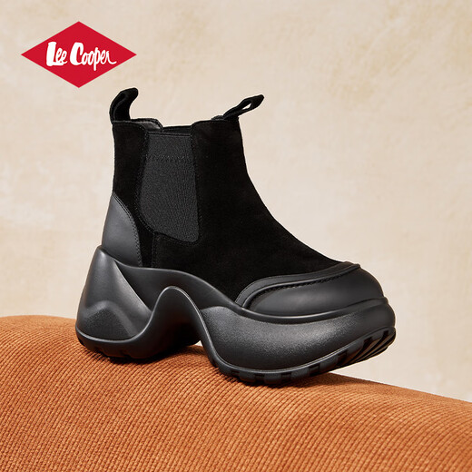 Lee Cooper切尔西靴子女靴冬季加绒保暖增高马丁靴女烟筒靴中筒雪地靴短靴女 黑色薄绒(适合南方) 38