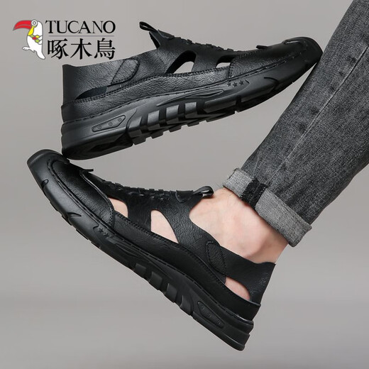 
Woodpecker genuine leather cowhide heightened hole shoes for men summer new 2024 sandals men breathable hollow men casual interior 6629 black 39