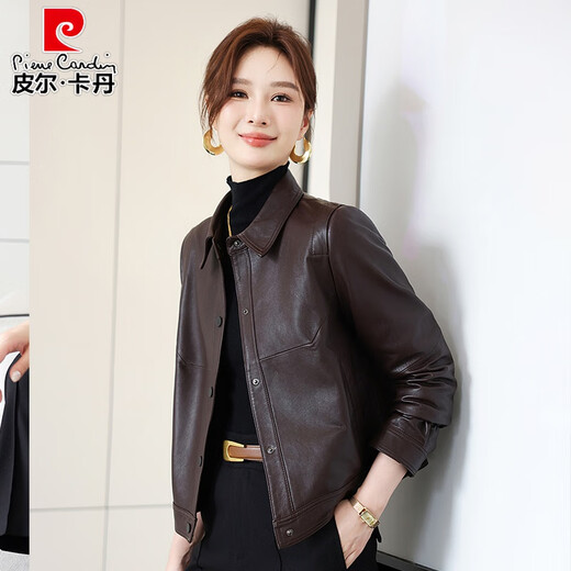 Pierre Cardin Haining Genuine Leather Jacket Women's Maillard Sheepskin Short Jacket High-end Retro Light Oil Wax Jacket Motorcycle Wear Trendy Brown M 90Jin Jin is equal to 0.5kg -105Jin Jin is equal to 0.5kg