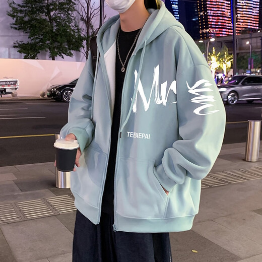 Maoni American sweatshirt jacket for men spring and autumn loose 2024 winter velvet thickened hooded zipper cardigan jacket matcha green main picture XL recommended weight 115-145Jin Jin is equal to about 0.5 kg