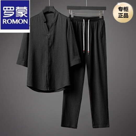 罗蒙（ROMON）男士唐装男中国风汉服套装古装衣服香云纱新中式男装冰丝古风夏装 灰色套装 XL 建议120-140斤
