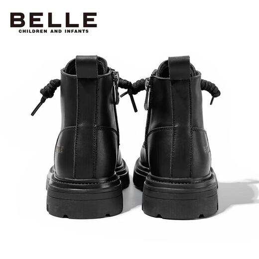 Belle children's shoes winter children's boots girls fashion leather boots baby warm plus fleece Martin boots black size 34