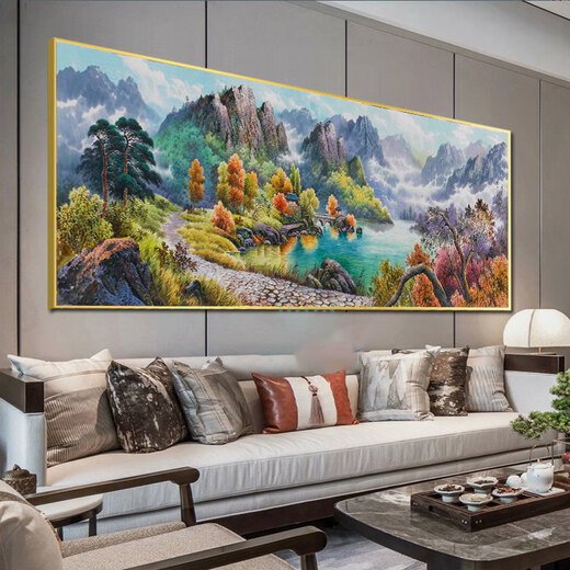 Respaldado por Jinshan Sala de estar Pintura decorativa Cornucopia Sofá Estilo chino Fondo de pared Pintura colgante Mural 12596 Sunrise Green Mountain 120*50 Marco de aluminio dorado Cristal porcelana
