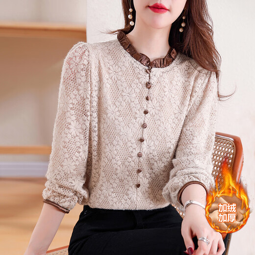 Woodpecker Stand Collar Lace Plus Velvet Thickened Bottoming Shirt Women 20204 Autumn and Winter New Style Age Reducing Top Shirt Cotton Thick Khaki L Recommended 110-119 Jin Jin equals 0.5 kg