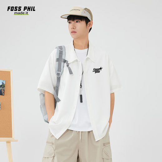 Foss Phil短袖衬衫男士夏季衬衣男潮流印花休闲外套宽松上衣FPCS2白色L