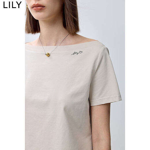 LILY summer new fashion basic one-line collar urban commuting casual versatile T-shirt fit solid color short sleeves 702 light rice cafe M