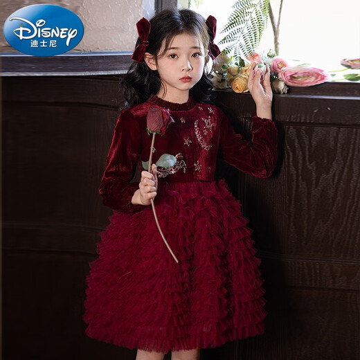 Disney girls dress children's autumn and winter gold velvet sequins burgundy puffy cake dress hosting performance princess dress burgundy 01 style 100 cm