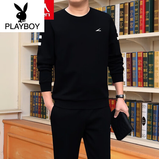 花花公子（PLAYBOY）男装男士休闲运动时尚套装春秋季新款套头棉卫衣圆领长袖衣 677款(蓝色) L (建议95-120斤)