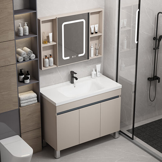 Dafify Honeycomb Aluminium Badezimmerschrank Keramik integrierter Badezimmer Waschbecken Schrank Kombination bodenhörigem Waschbecken Balkon Waschbecken Pool F828 Milch Kaffeetür Spiegelschrank 90 cm
