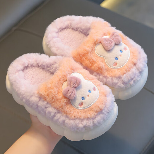 The most popular children's cotton slippers for men and women, cute autumn and winter household new thick-soled warm baby slippers, watermelon red rabbit slippers 32-33 (inner length 19CM, suitable for 5-6 years old)