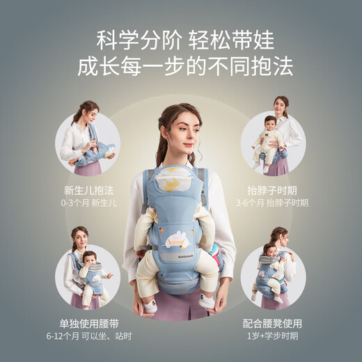 
Clothing mother baby strap waist stool front hug baby hug artifact multifunctional four-season universal sitting stool pure cotton breathable baby strap Kass blue [four season universal comfortable style]