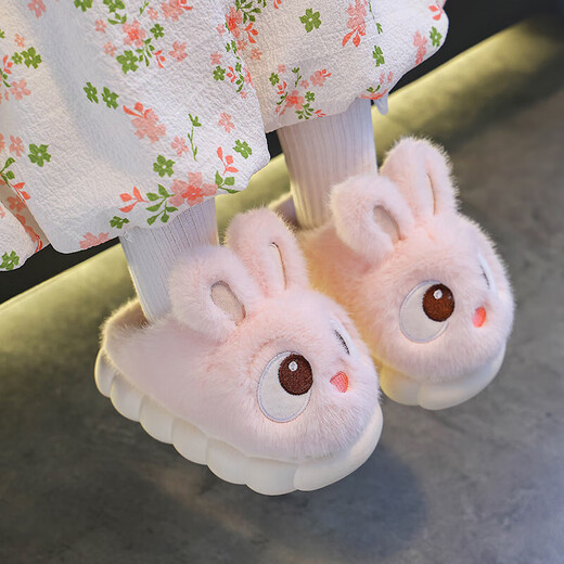 Children's cotton slippers for women in autumn and winter indoor non-slip home warm boys and girls cute heel plush baby cotton shoes pink (heel included) 24-25 size (inner length 15CM suitable for feet 14CM