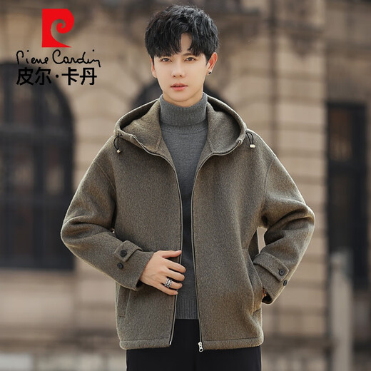 皮尔卡丹羊毛呢外套男士2024新款秋冬季加厚双面羊毛休闲连帽短款呢子夹克 灰褐色 XL 180