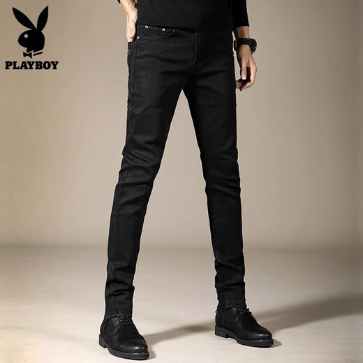 花花公子（PLAYBOY）黑色牛仔裤男士夏季新款潮流休闲韩版修身小脚长裤弹力商务裤子男 黑色 X-3071HH902 33