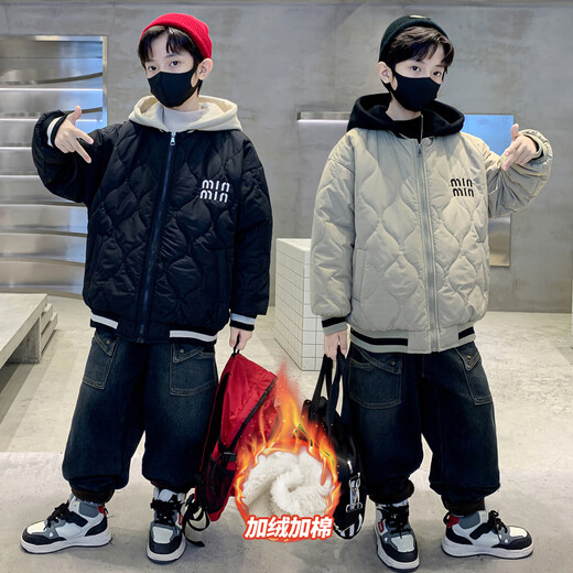 Monkey Brother Boys' Velvet Jacket 2024 New Medium and Large Boys' Thickened Baseball Uniform Hooded Children's Warm Internet Celebrity Jacket Black 170 cm