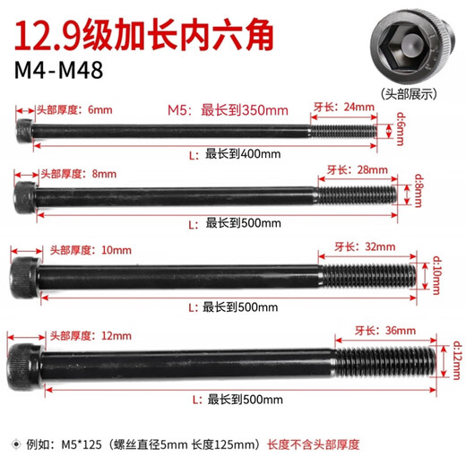 XMSJ12.9-Stufe verlängerte Hexagon-Schraube 5M6M8M10M12M14*165/170/175/180x185GB70 Stufe 129-Lexagon 5155 Halbzahnschwarz (8 Preis