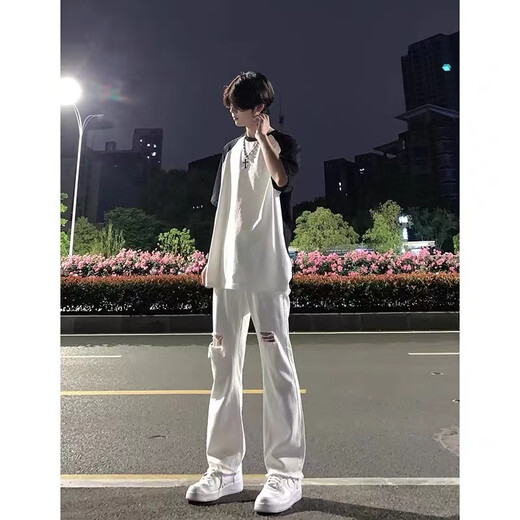7家优品 破洞牛仔裤男士春夏季薄款美式高街微喇宽松直筒修身长裤子男 DFFS-722黑色（破洞） M