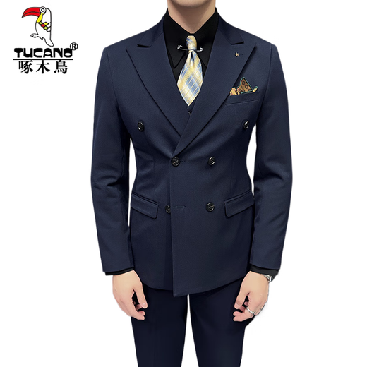 Woodpecker (TUCANO) double-breasted suit for men, casual and versatile business formal work clothes, trendy slim wedding suit, dark gray XL (suitable for 126-140 Jin Jin equals 0.5 kg)