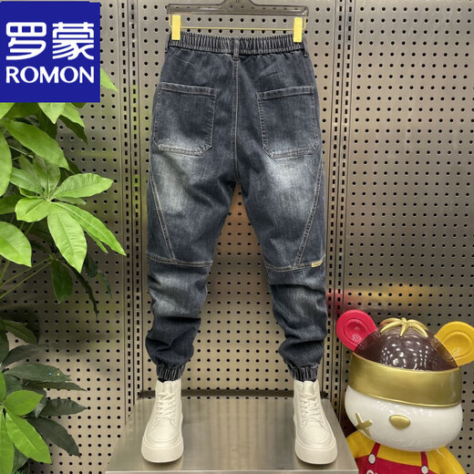 罗蒙（ROMON）春秋男士牛仔裤痞帅宽松束脚运动休闲百搭裤子男潮流哈伦裤子 蓝色  29