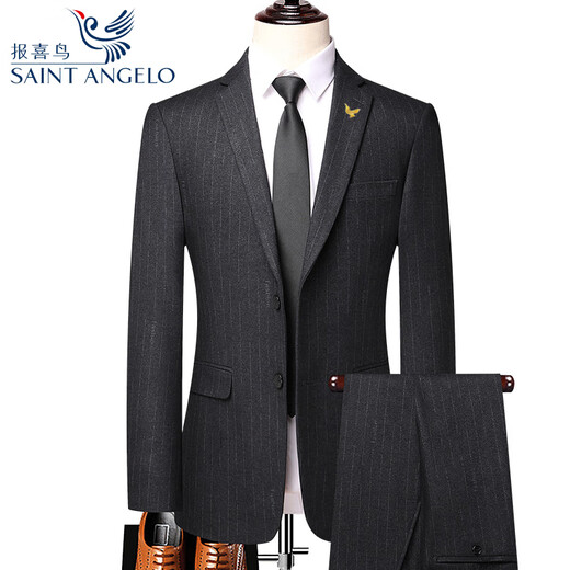 Angel Bird Suit Two-piece Men's Groom Wedding Dress Professional Casual Formal Striped Wool Jacket 8983 Black and Gray Vertical Strips (No Slits) 50 180/52 (Suitable for 1-165 Jin Jin equals 0.5 kg)