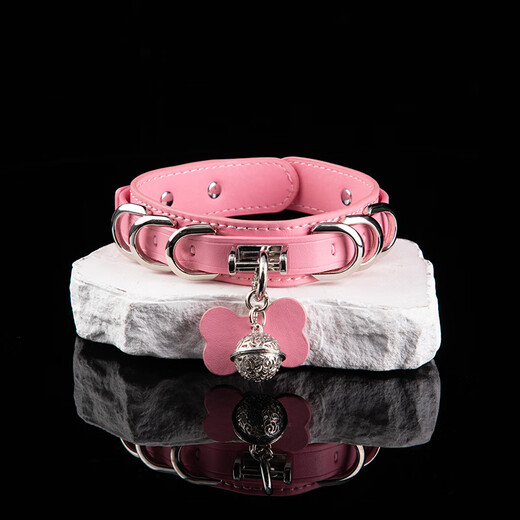 Genuine leather collar sm puppy bone tag bell choker female m custom lettering necklace k9 neck collar black bell model + traction chain