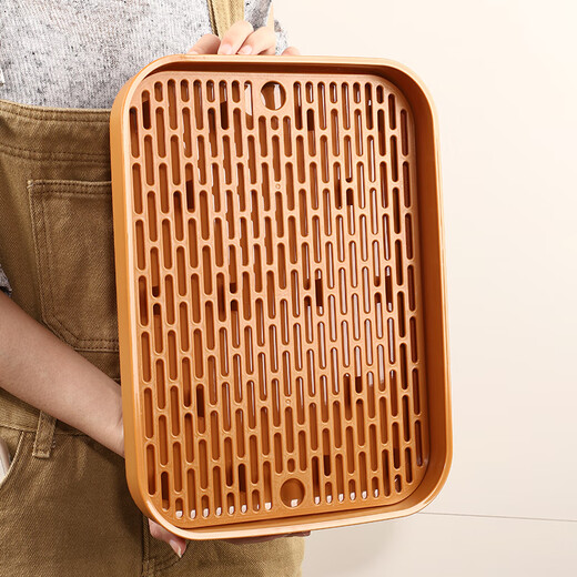Large double-layer tea tray household rectangular drain tray water cup cup holder living room coffee table fruit tray plastic not broken beige double layer drainable